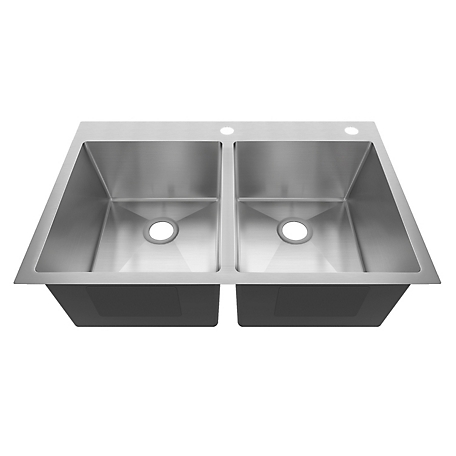 Sinber 33 in. Drop-In 2-Hole Double Bowl 9 in. Deep 18 Gauge 304 Stainless Steel Kitchen Sink, HT3322D-S-9R