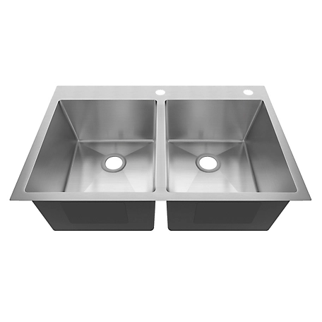 Sinber 33 in. Drop-In 2-Hole Double Bowl 9 in. Deep 18 Gauge 304 Stainless Steel Kitchen Sink, HT3322D-S-9R