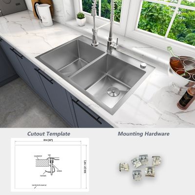 Image showing 7 th Sinber 33 in. Drop-In 2-Hole Double Bowl 9 in. Deep 18-Gauge 304 Stainless Steel Kitchen Sink