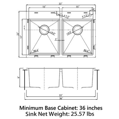 Image showing 8 th Sinber 33 in. Drop-In 2-Hole Double Bowl 9 in. Deep 18-Gauge 304 Stainless Steel Kitchen Sink