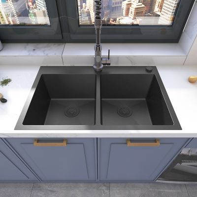 Image showing  33 in. Drop-In 2-Hole Double Bowl 9 in. Deep 18-Gauge Black 304 Stainless Steel Kitchen Sink