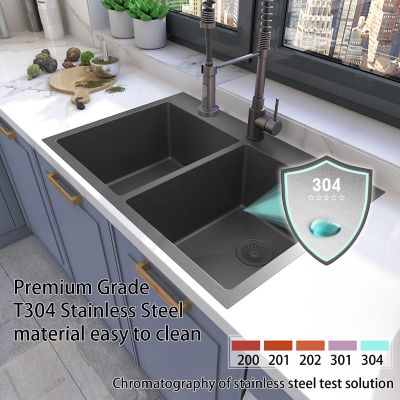 Image showing  33 in. Drop-In 2-Hole Double Bowl 9 in. Deep 18-Gauge Black 304 Stainless Steel Kitchen Sink