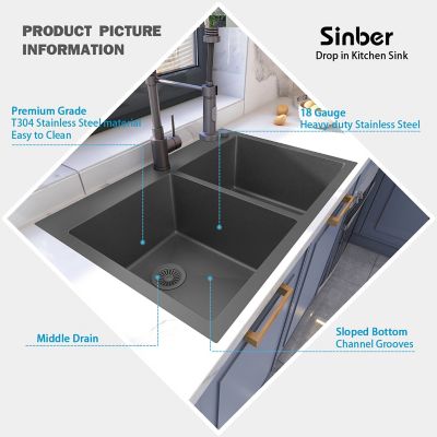 Image showing  33 in. Drop-In 2-Hole Double Bowl 9 in. Deep 18-Gauge Black 304 Stainless Steel Kitchen Sink