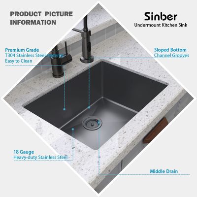 Image showing  23 in. Undermount Single Bowl 18 Gauge Black 304 Stainless Steel Kitchen Sink, HU2318S-9-BR