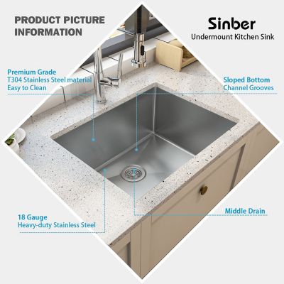 Image showing  23 in. Undermount 12 in. Deep Single Bowl 18 Gauge 304 Stainless Steel Kitchen Sink, HU2318S-S-12R