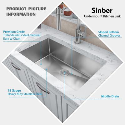 Image showing  30 in. Undermount Single Bowl 18 Gauge 304 Stainless Steel Kitchen Sink, HU3018S-SR
