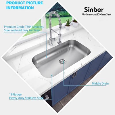Image showing  Ada 30 in. Undermount Single Bowl 18 Gauge 304 Stainless Steel Kitchen Sink, MU3018S-ADAR