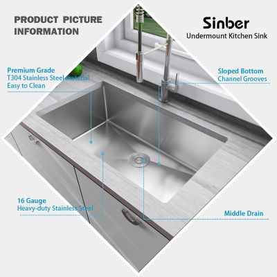 Image showing  32 in. Undermount Single Bowl 16 Gauge 304 Stainless Steel Kitchen Sink, HU3219S-S-16R