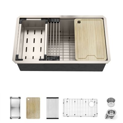 Sinber 32 in. Undermount Single Bowl 16 Gauge 304 Stainless Steel Workstation Kitchen Sink with Accessories, KSS0001S-OLR