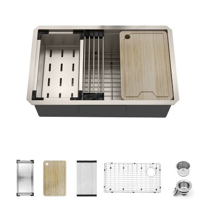 Sinber 30 in. Undermount 16 Gauge Single Bowl 304 Stainless Steel Workstation Kitchen Sink with Accessories, KSS0002S-OLR