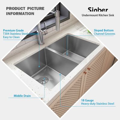 Image showing  32 in. Undermount Double Bowl 18 Gauge 304 Stainless Steel Kitchen Sink, HU3219D-SR