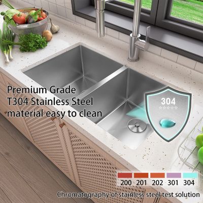 Image showing  32 in. Undermount Double Bowl 18 Gauge 304 Stainless Steel Kitchen Sink, HU3219D-SR
