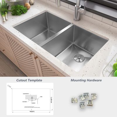 Image showing 7 th Sinber 32 in. Undermount Double Bowl 18 Gauge 304 Stainless Steel Kitchen Sink, HU3219D-SR