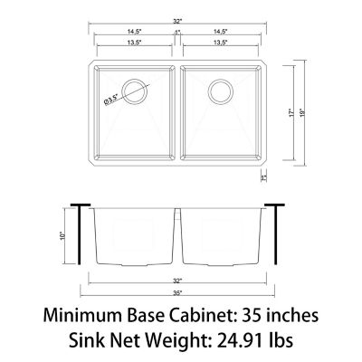 Image showing 8 th Sinber 32 in. Undermount Double Bowl 18 Gauge 304 Stainless Steel Kitchen Sink, HU3219D-SR
