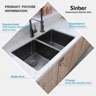 Image showing  32 in. Undermount Double Bowl 18-Gauge Black 304 Stainless Steel Kitchen Sink