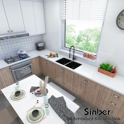 Image showing 5 th Sinber 32 in. Undermount Double Bowl 18-Gauge Black 304 Stainless Steel Kitchen Sink