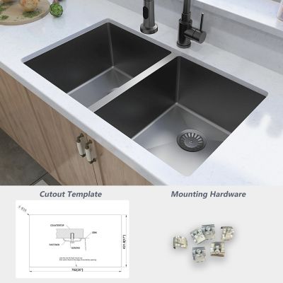 Image showing 7 th Sinber 32 in. Undermount Double Bowl 18-Gauge Black 304 Stainless Steel Kitchen Sink