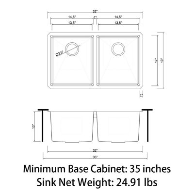 Image showing 8 th Sinber 32 in. Undermount Double Bowl 18-Gauge Black 304 Stainless Steel Kitchen Sink