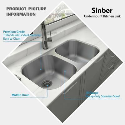 Image showing  32 in. Undermount Double Bowl 18 Gauge 304 Stainless Steel Kitchen Sink, MU3218DR