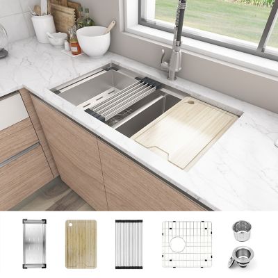 Image showing  33 in. Undermount Double Bowl 16 Gauge 304 Stainless Steel Workstation Kitchen Sink with Accessories, KSS0003D-OLR