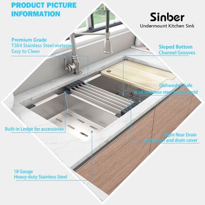 Image showing 5 th Sinber 33 in. Undermount Double Bowl 16 Gauge 304 Stainless Steel Workstation Kitchen Sink with Accessories, KSS0003D-OLR