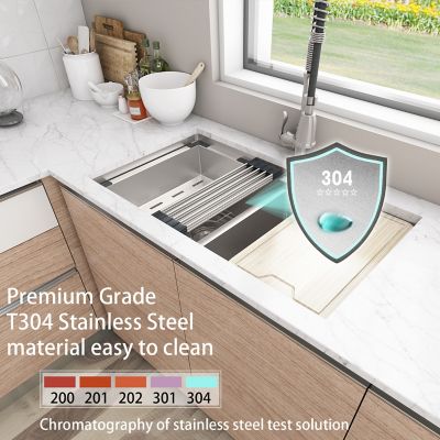 Image showing 6 th Sinber 33 in. Undermount Double Bowl 16 Gauge 304 Stainless Steel Workstation Kitchen Sink with Accessories, KSS0003D-OLR