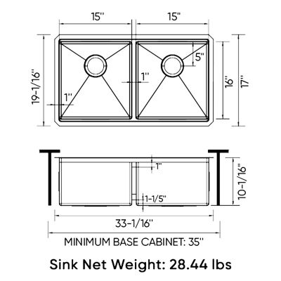 Image showing 9 th Sinber 33 in. Undermount Double Bowl 16 Gauge 304 Stainless Steel Workstation Kitchen Sink with Accessories, KSS0003D-OLR