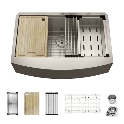 Sinber 33 in. Farmhouse Apron 16 Gauge Single Bowl 304 Stainless Steel Workstation Kitchen Sink with Accessories, KSS0004S-OLR
