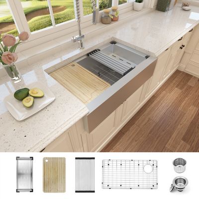 Image showing  33 in. Farmhouse Apron 16-Gauge Single Bowl 304 Stainless Steel Workstation Kitchen Sink with Accessories