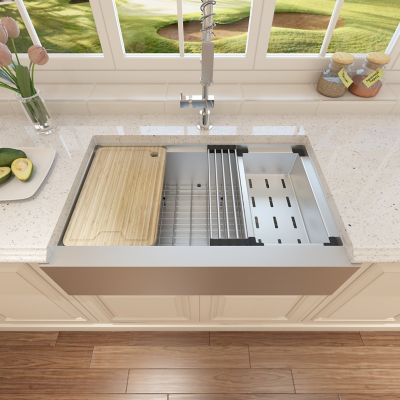 Image showing  33 in. Farmhouse Apron 16-Gauge Single Bowl 304 Stainless Steel Workstation Kitchen Sink with Accessories