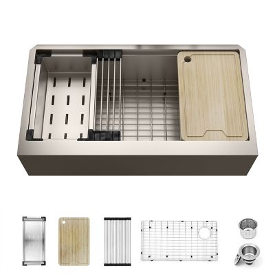 Sinber 36 in. Farmhouse Apron 16 Gauge Single Bowl 304 Stainless Steel Workstation Kitchen Sink with Accessories, KSS0006S-OLR
