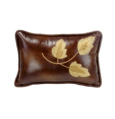 Paseo Road by HiEnd Accents Highland Lodge Brown Embroidery Leaf Faux Leather Rustic Cabin Lodge 12x19 in. Lumbar Pillow
