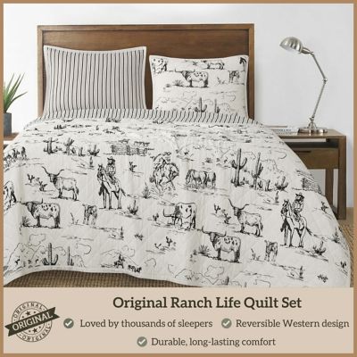 Image showing  Ranch Life White/Black Cotton Reversible Western Rustic Farmhouse 2 pc. or 3 pc. Quilt Set