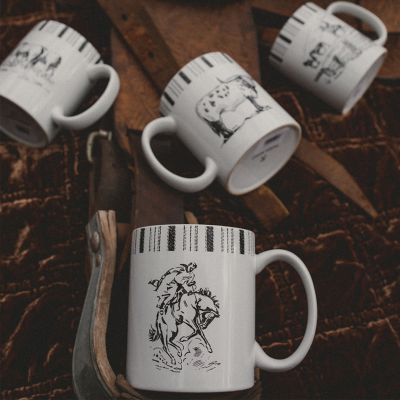 Image showing  Ranch Life White/Black Coffee Mug Set of 4, Bronco Cowboy Western Rustic Design