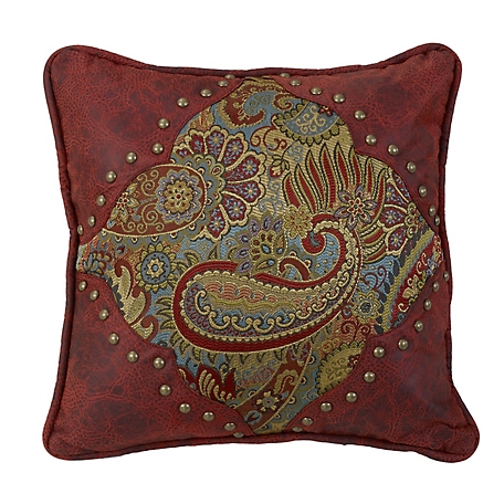 Paseo Road by HiEnd Accents San Angelo Paisley Print Pillow with Red Faux Leather Corners, 18 in. x 18 in., 1 Piece