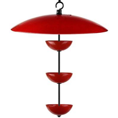 Mosaic Birds Triple Poppy Bird Feeder with Baffle and Steel Core Rope, Ruby Red