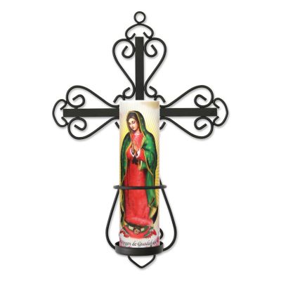Stonebriar Collection Cross Wall Sconce with LED Saint Candle, Lady of Guadalupe