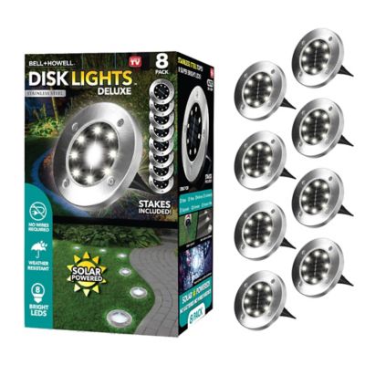 Bell & Howell 40-Lumen Solar-Powered 8-LED Disk Lights, Stainless Steel, 8-Pack