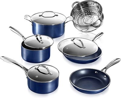 Granitestone 10-Piece Aluminum Ultra-Durable Non-Stick Diamond Infused Cookware Set with Glass Lids - Blue