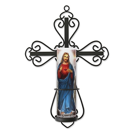 Stonebriar Collection Decorative Scrolled Metal Cross Wall Sconce with Jesus LED Candle