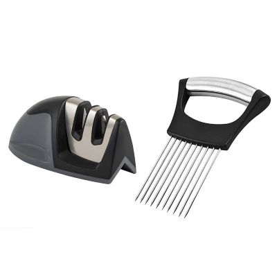 1947kitchen 2 Pack: Ultra Sharp Knife Sharpener and Stainless Steel Vegetable and Meat Holder