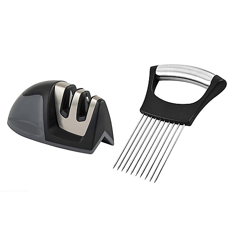 1947kitchen 2 Pack: Ultra Sharp Knife Sharpener and Stainless Steel Vegetable and Meat Holder