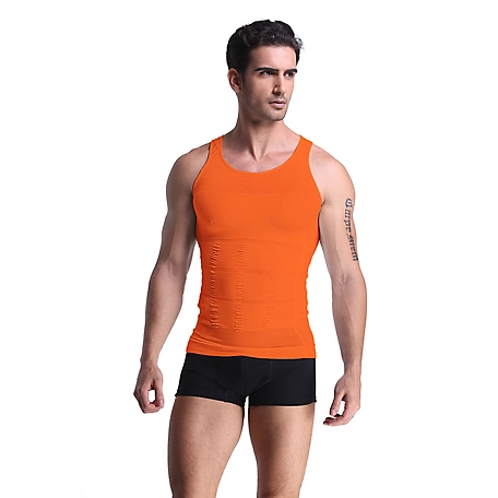 Extreme Fit Men's Core Support and Insta Trim Shapewear Gynecomastia Compression Tank Top Undershirt, Orange, Small