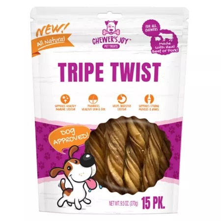 Chewer's Joy Tripe Twist 6 inch 15 ct for dogs natural treat to chew Dog Bones Rawhide & Rawhide Alternative