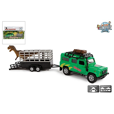 Kids Globe Diecast Land Rover Defender with Trailer and One Dinosaur, KG520178