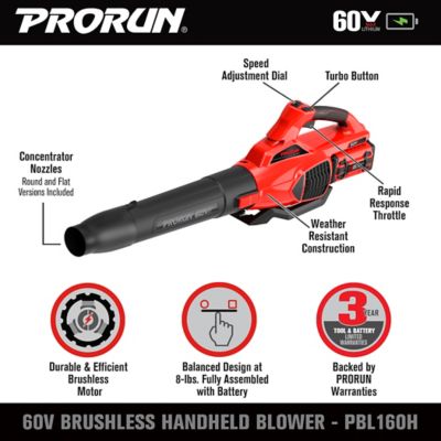 Image showing 5 th PRORUN 190 MPH/680 CFM 60V Cordless Handheld Leaf Blower, Battery and Charger Included