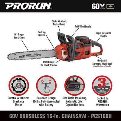 Image showing 5 th PRORUN 16 in. 60V Cordless Chainsaw, Battery and Charger Included