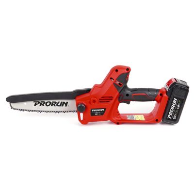 PRORUN 20V 7 in. Brushless Cordless Mini Chainsaw with 4.0 Ah Battery and Charger, PMCS120 I looked at a LOT of reviews for mini chainsaws, and was impressed with this one for many reasons: 7" chain and bar, simple operation, 4 and 5 star reviews only, and chain and bar can be replaced with Oregon brand