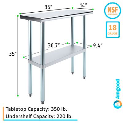 Image showing  14 in. x 36 in. Stainless Steel Table With Shelf