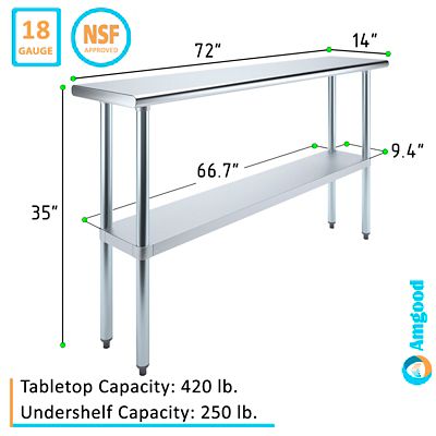 Image showing  14 in. x 72 in. Stainless Steel Table With Shelf
